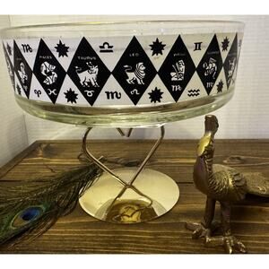 Zodiac Bowl Serving Chip Black White Diamond 50s MCM Astrology Federal Glass Vtg